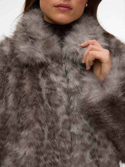Lila Grey Leopard Faux Fur Jacket