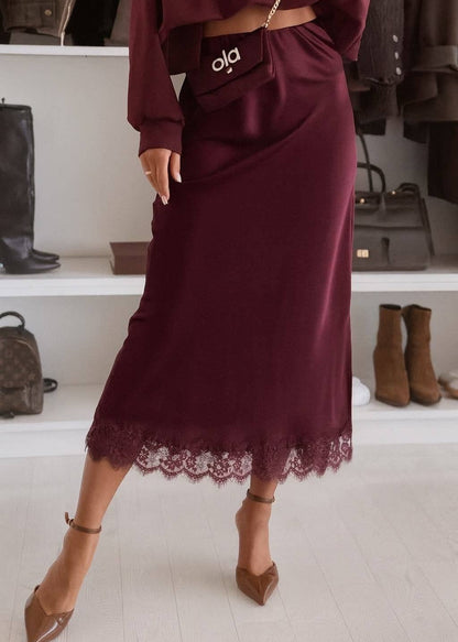 Chocolate Satin Lace Trimmed Midi Skirt