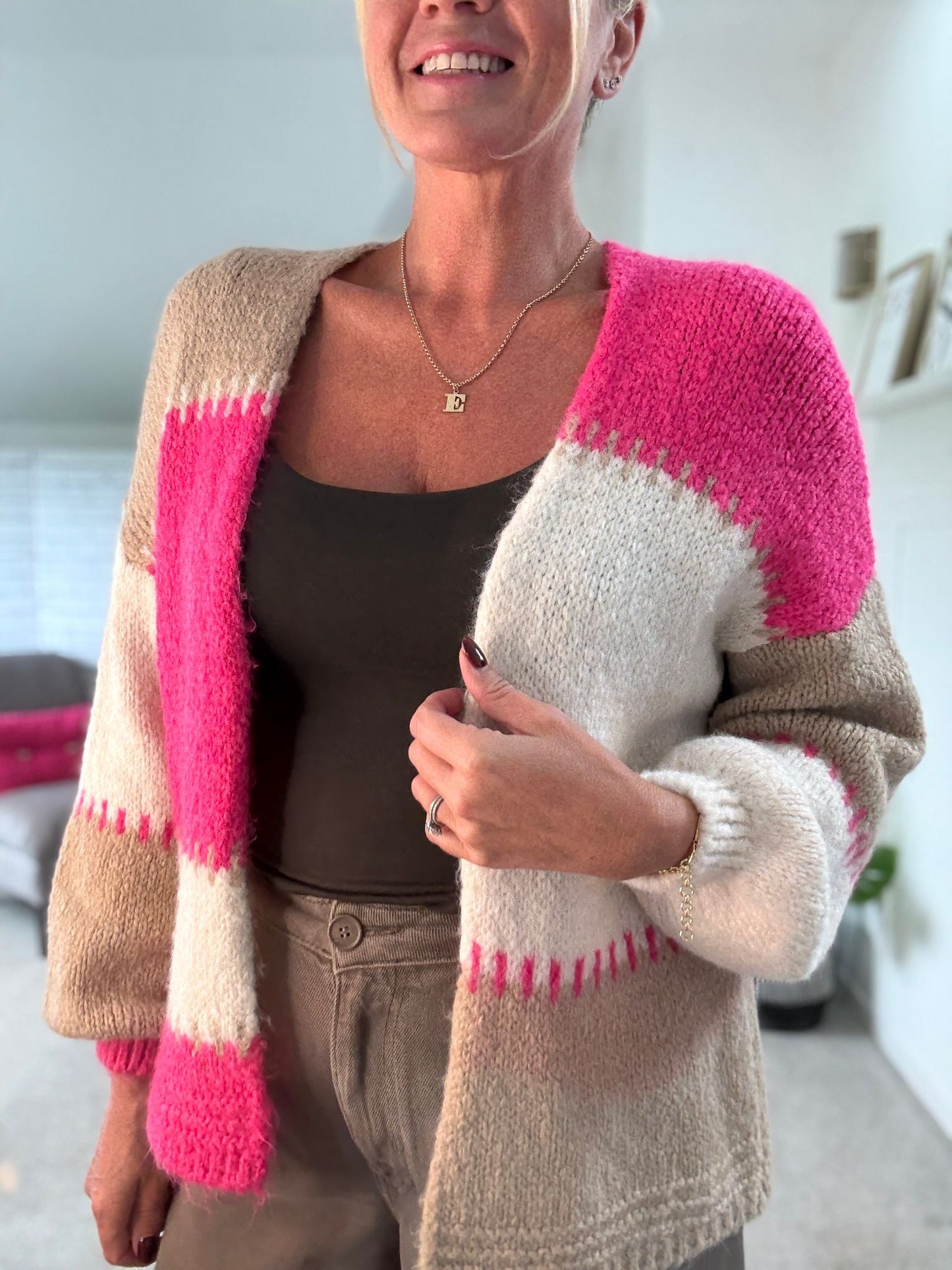 Pink/Mocha Patchwork Contrast Stitch Cosy Cardigan
