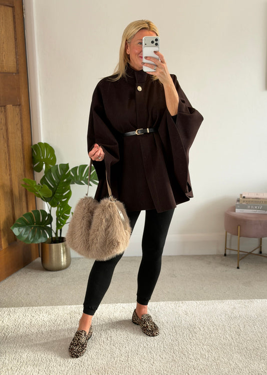 Chocolate Funnel Neck Belted Cape Jacket