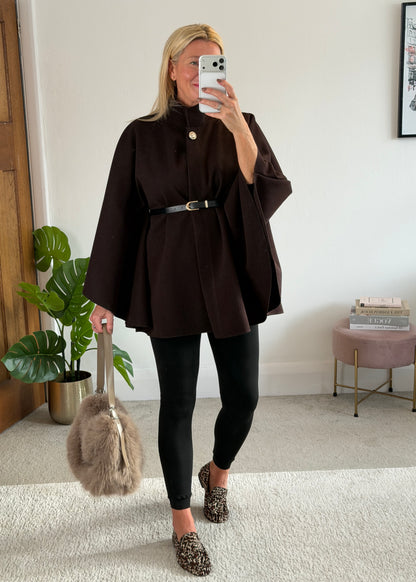 Chocolate Funnel Neck Belted Cape Jacket