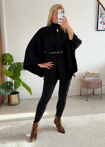 Black Funnel Neck Belted Cape Jacket