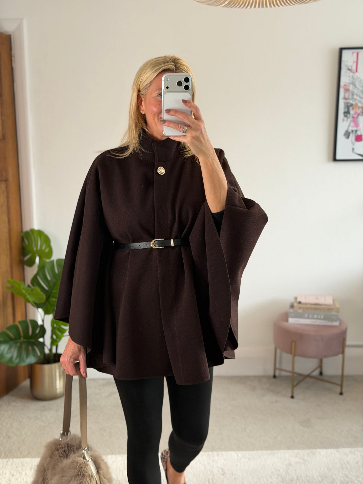 Chocolate Funnel Neck Belted Cape Jacket