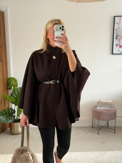 Chocolate Funnel Neck Belted Cape Jacket