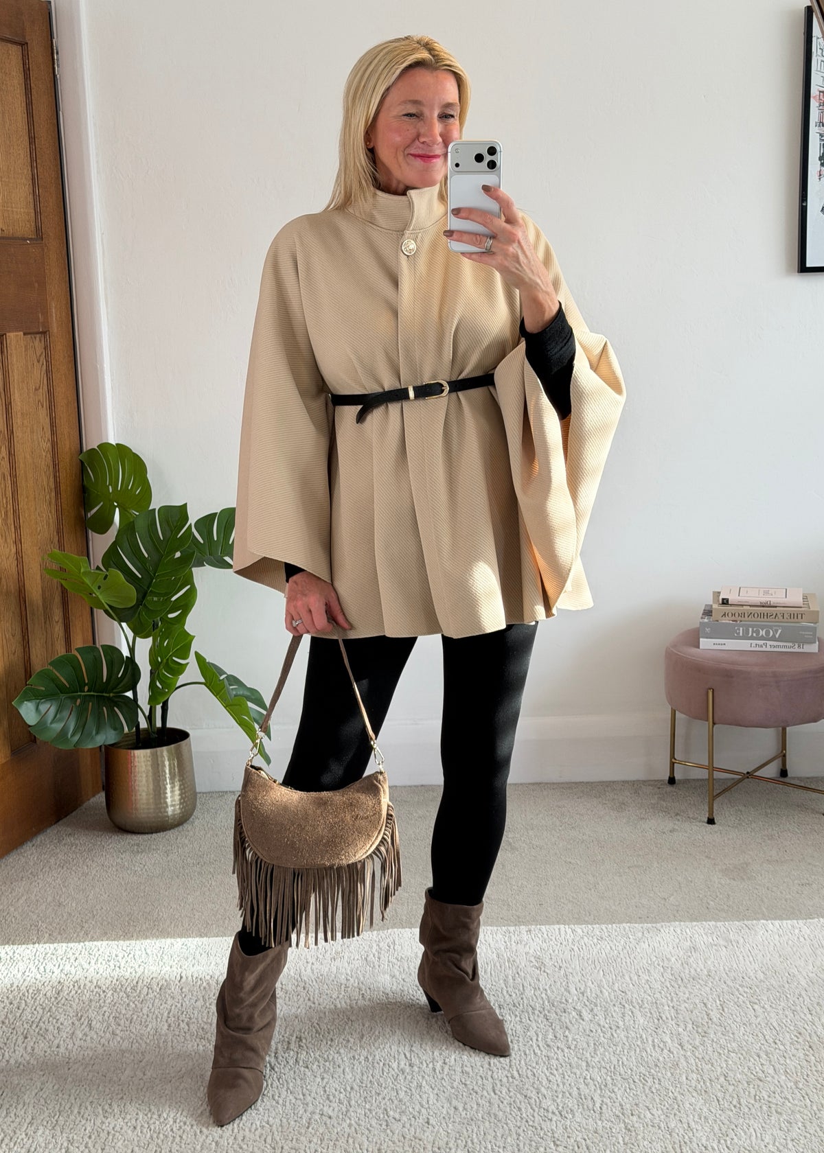 Biscuit Funnel Neck Belted Cape Jacket