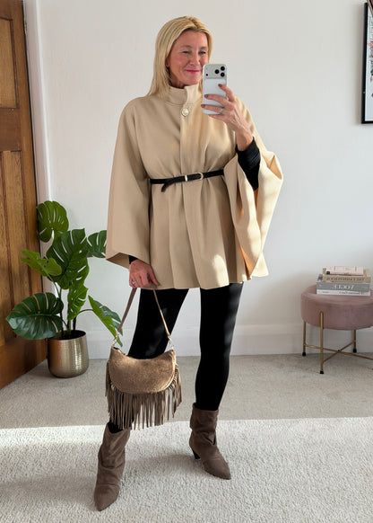 Biscuit Funnel Neck Belted Cape Jacket