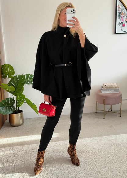 Black Funnel Neck Belted Cape Jacket