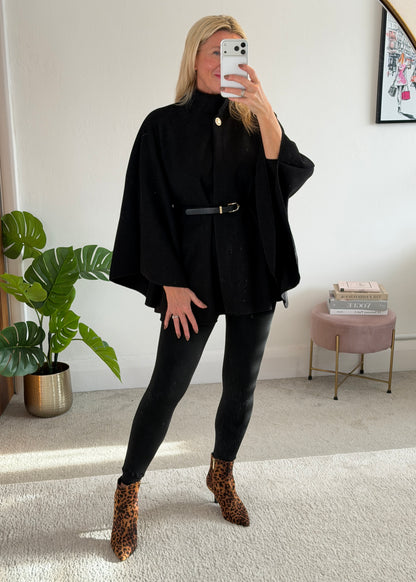 Black Funnel Neck Belted Cape Jacket