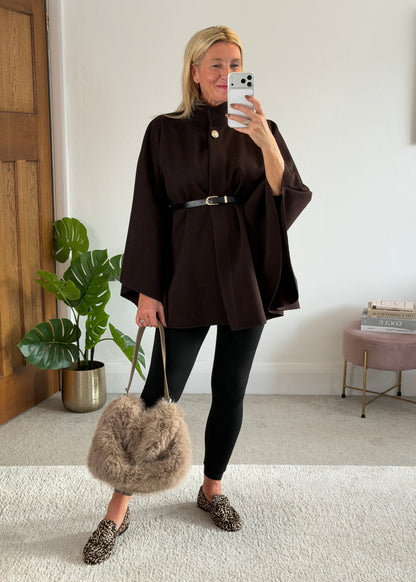 Chocolate Funnel Neck Belted Cape Jacket