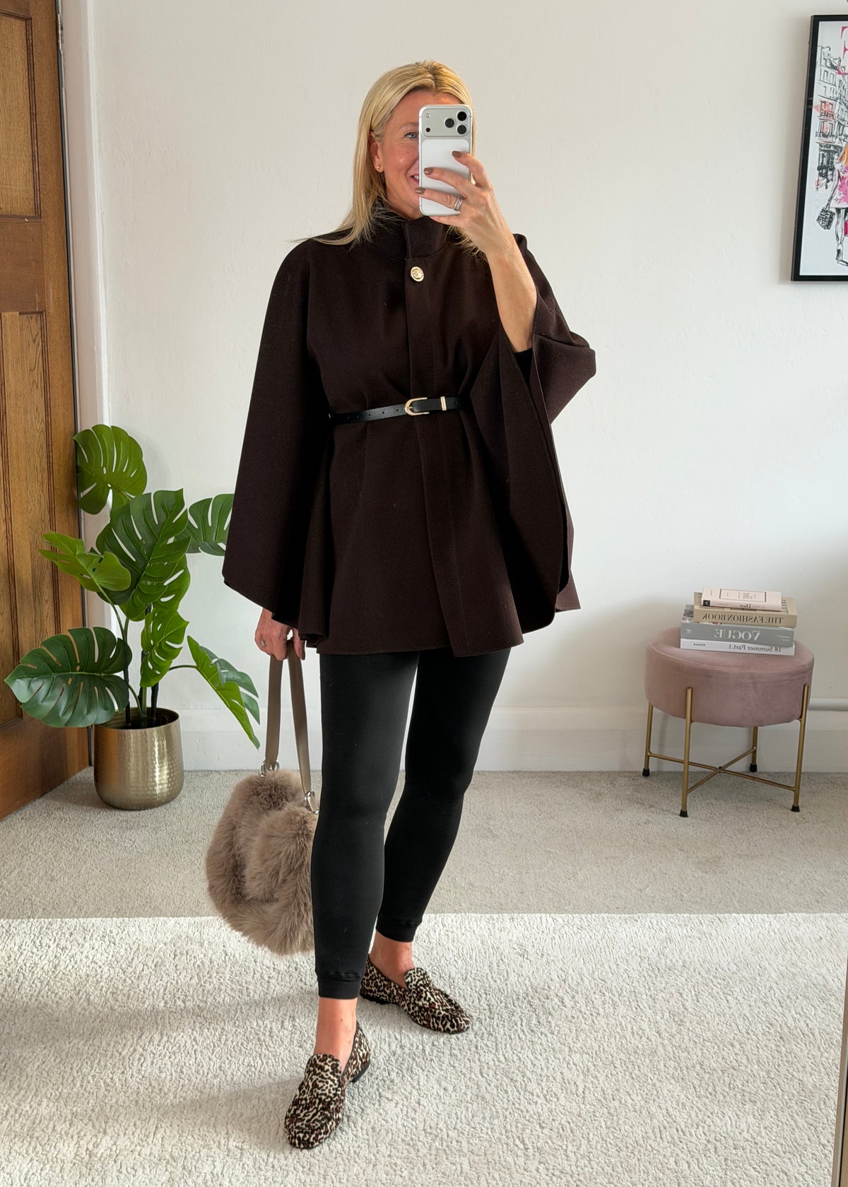 Chocolate Funnel Neck Belted Cape Jacket
