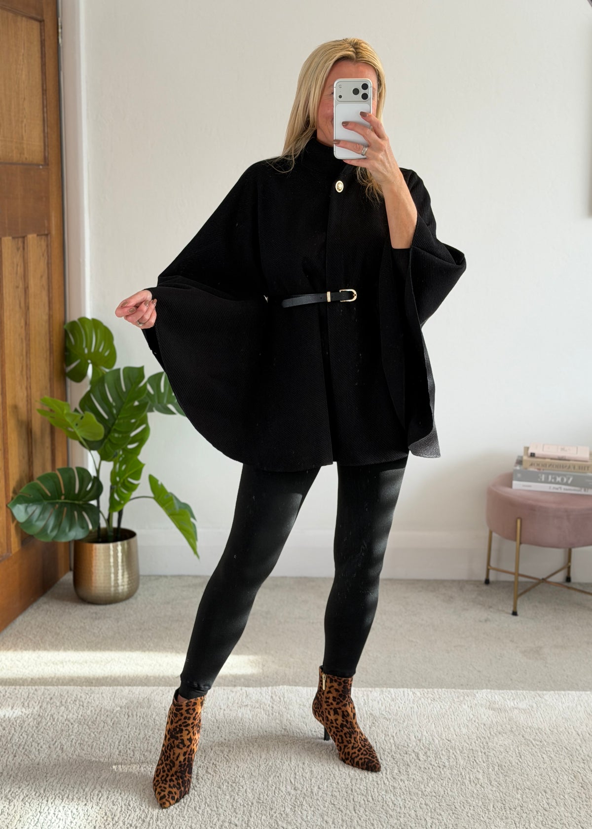 Black Funnel Neck Belted Cape Jacket