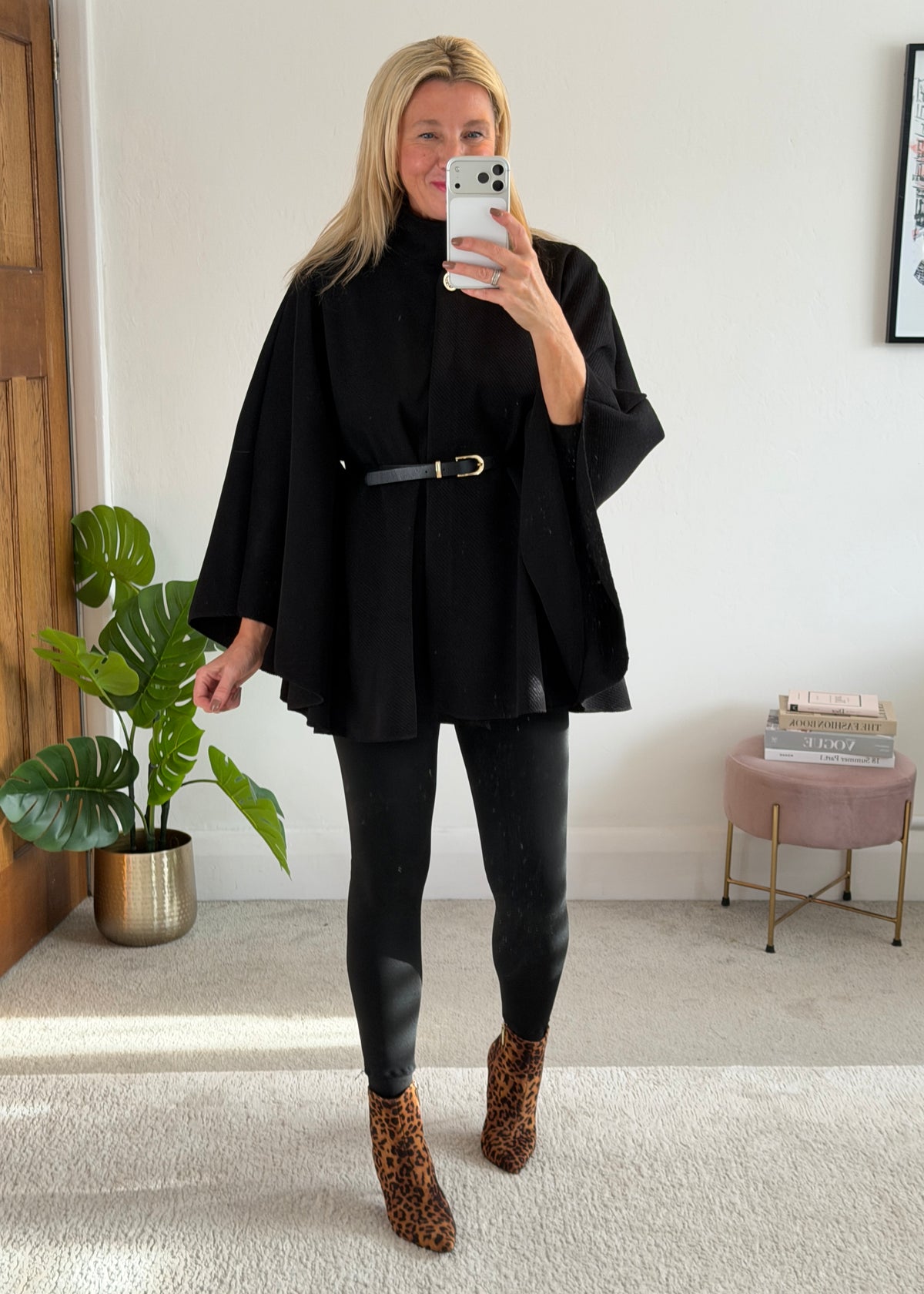 Black Funnel Neck Belted Cape Jacket