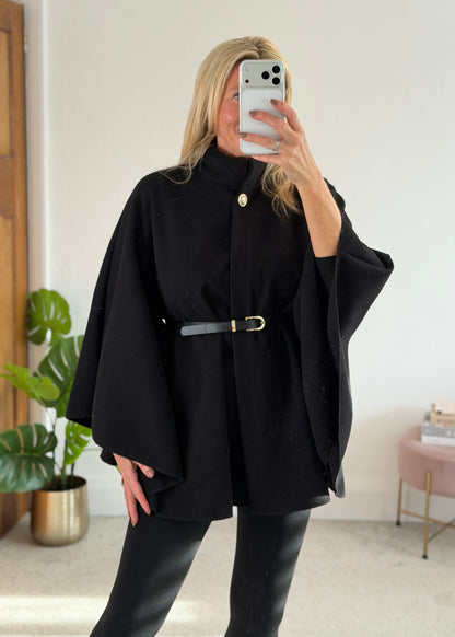 Black Funnel Neck Belted Cape Jacket