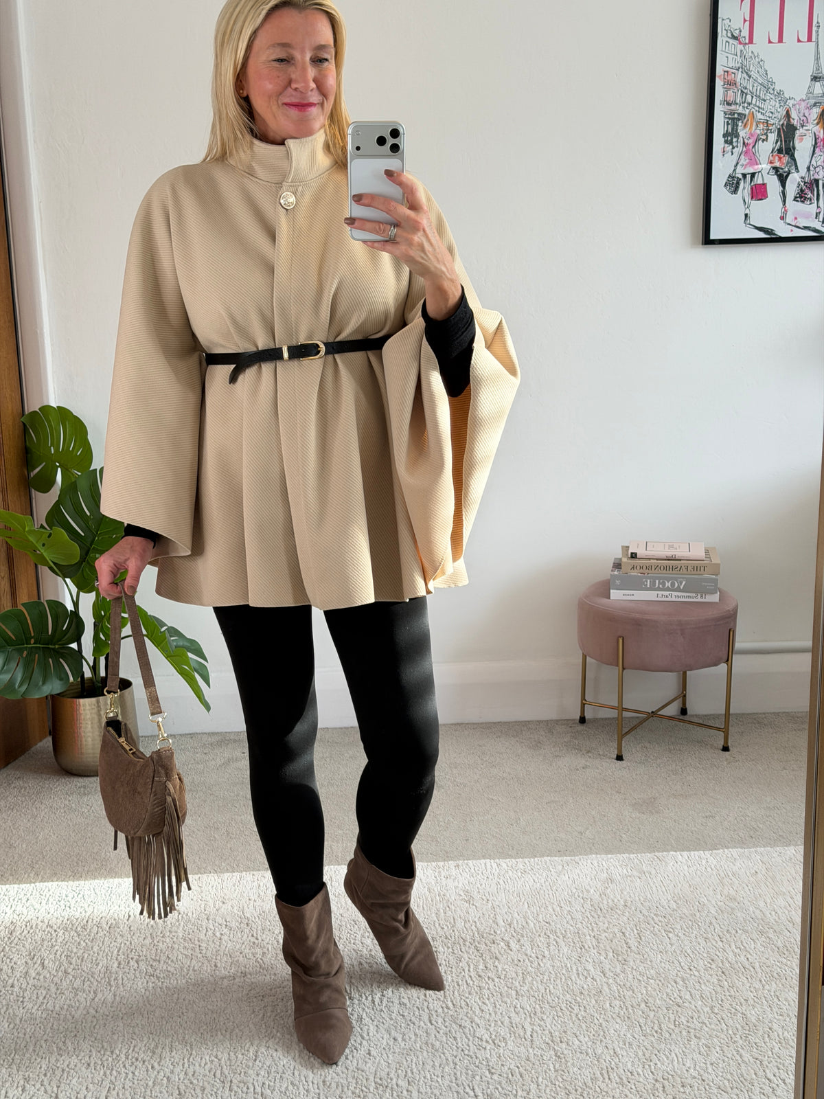 Biscuit Funnel Neck Belted Cape Jacket