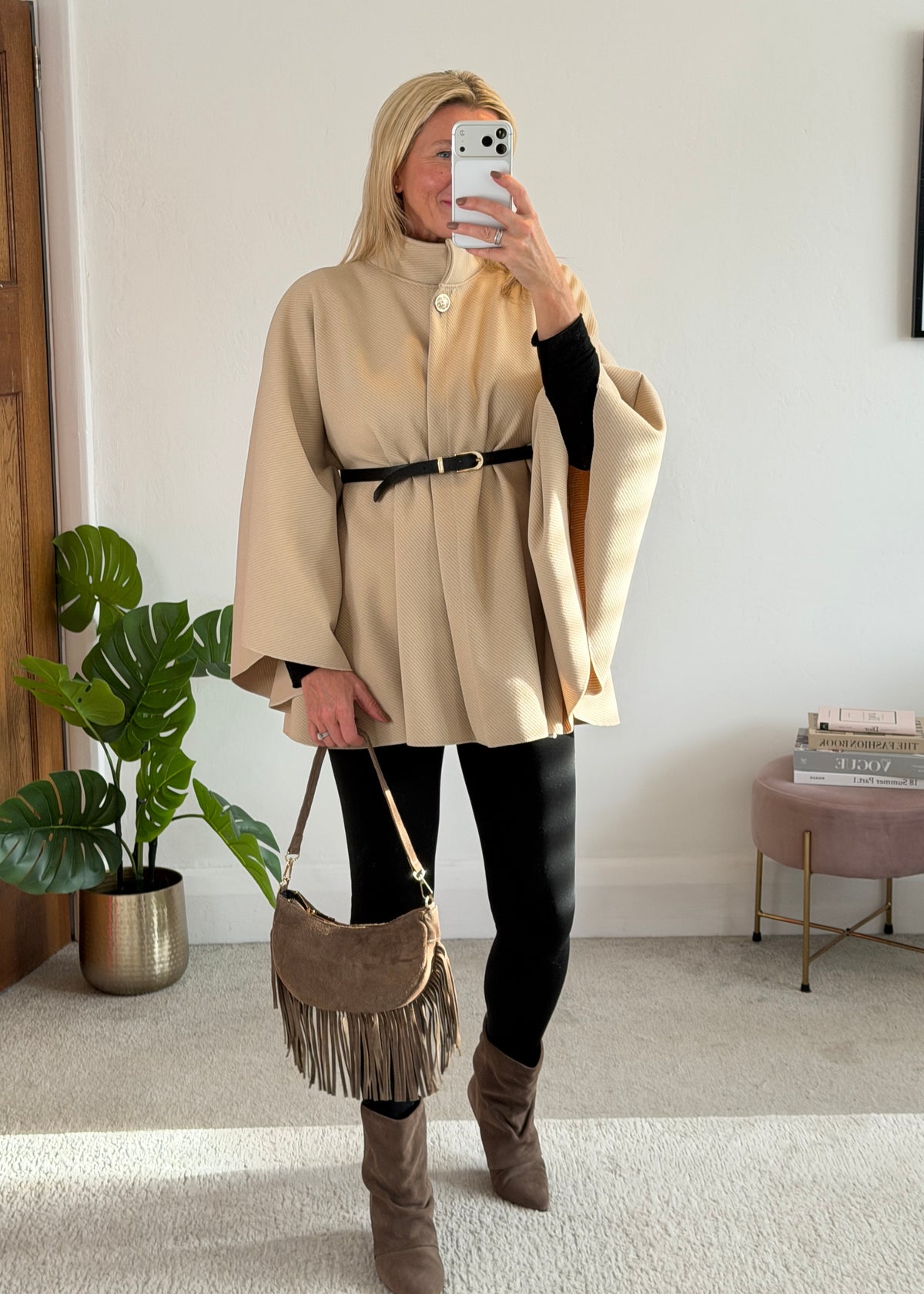 Biscuit Funnel Neck Belted Cape Jacket