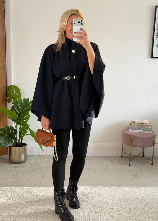Navy Funnel Neck Belted Cape Jacket