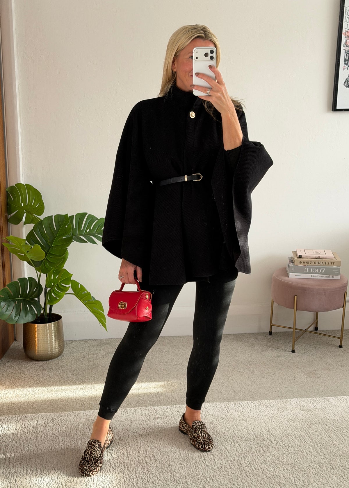 Black Funnel Neck Belted Cape Jacket