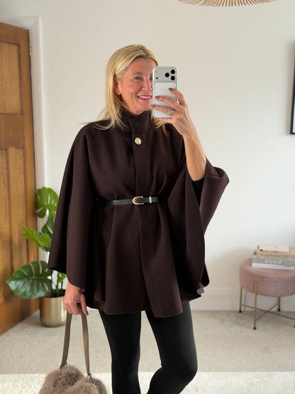 Chocolate Funnel Neck Belted Cape Jacket