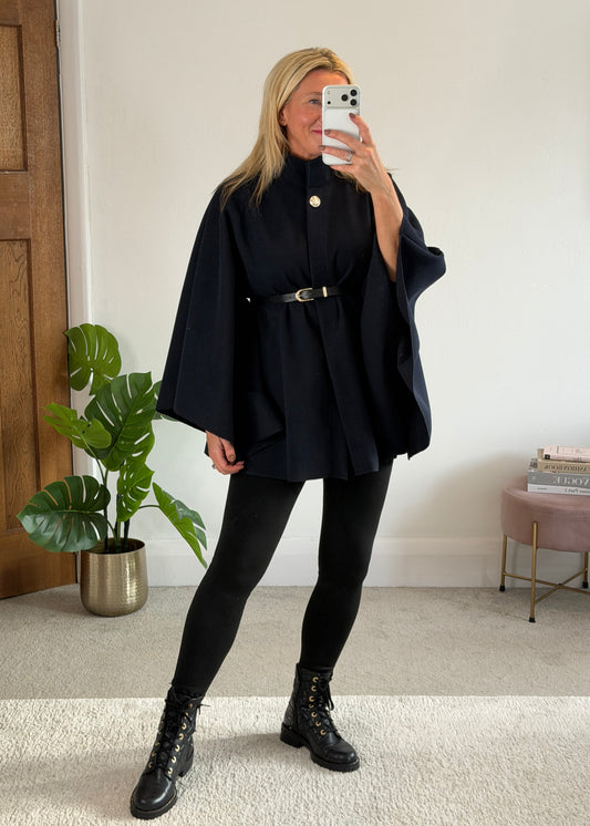 Navy Funnel Neck Belted Cape Jacket