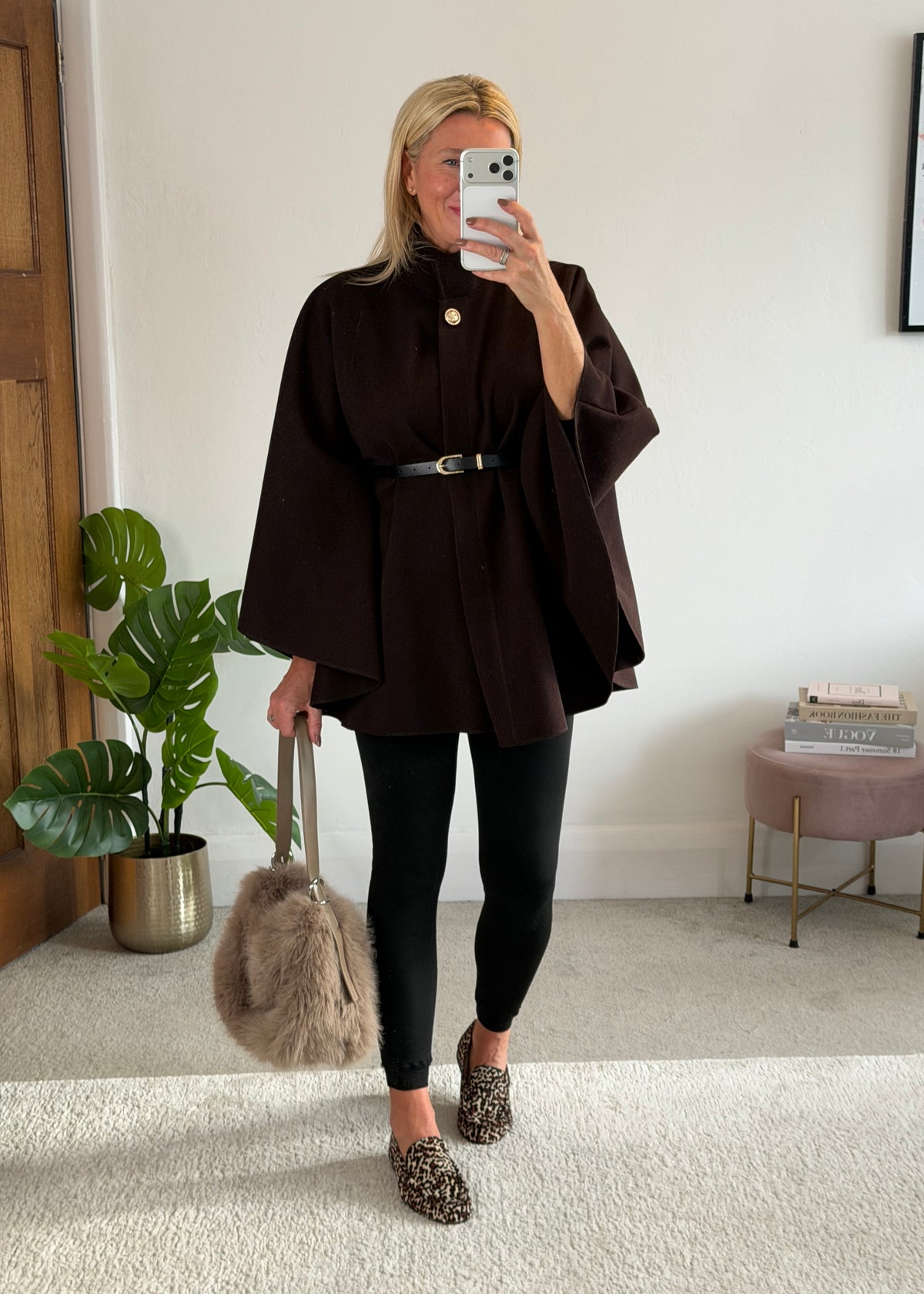 Chocolate Funnel Neck Belted Cape Jacket