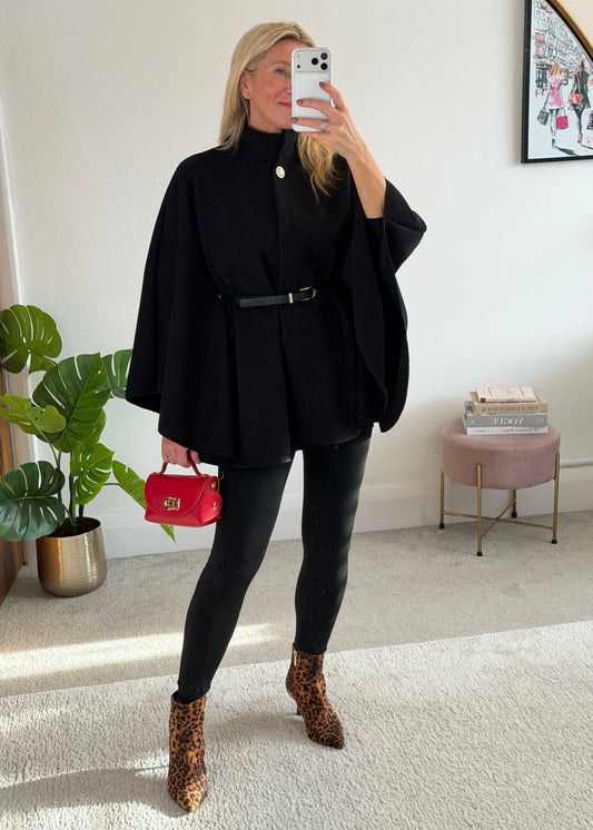 Black Funnel Neck Belted Cape Jacket
