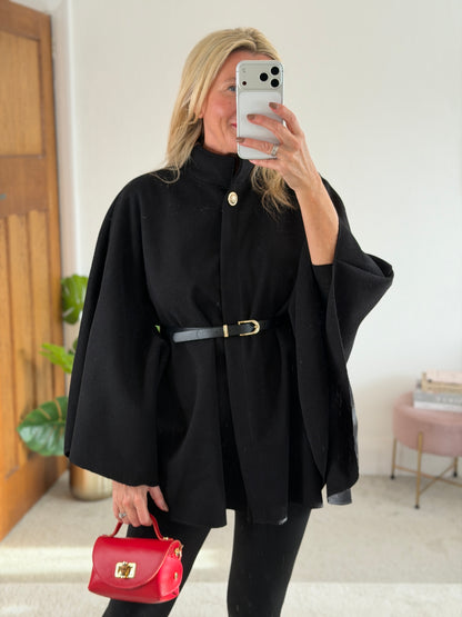 Black Funnel Neck Belted Cape Jacket
