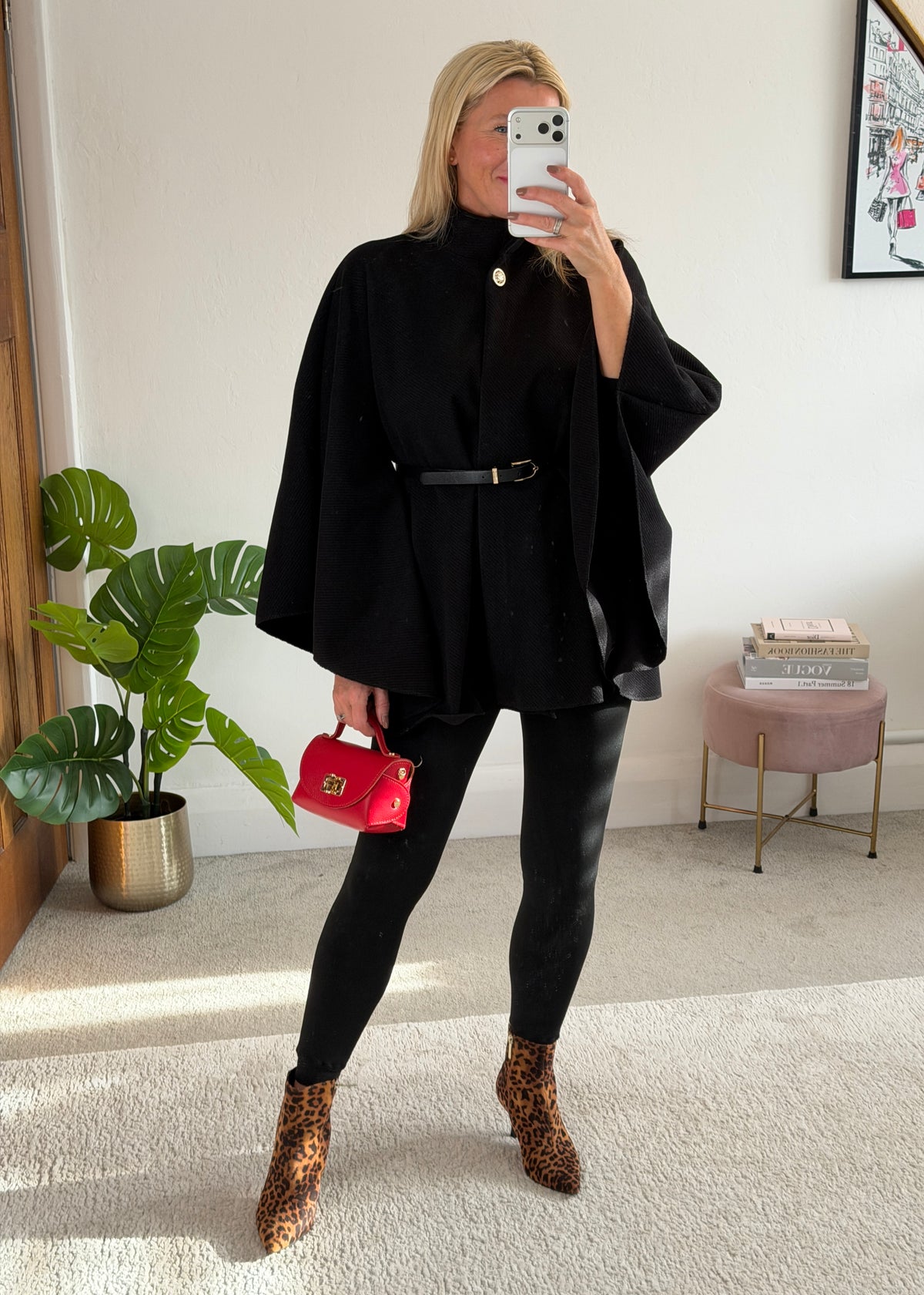 Black Funnel Neck Belted Cape Jacket
