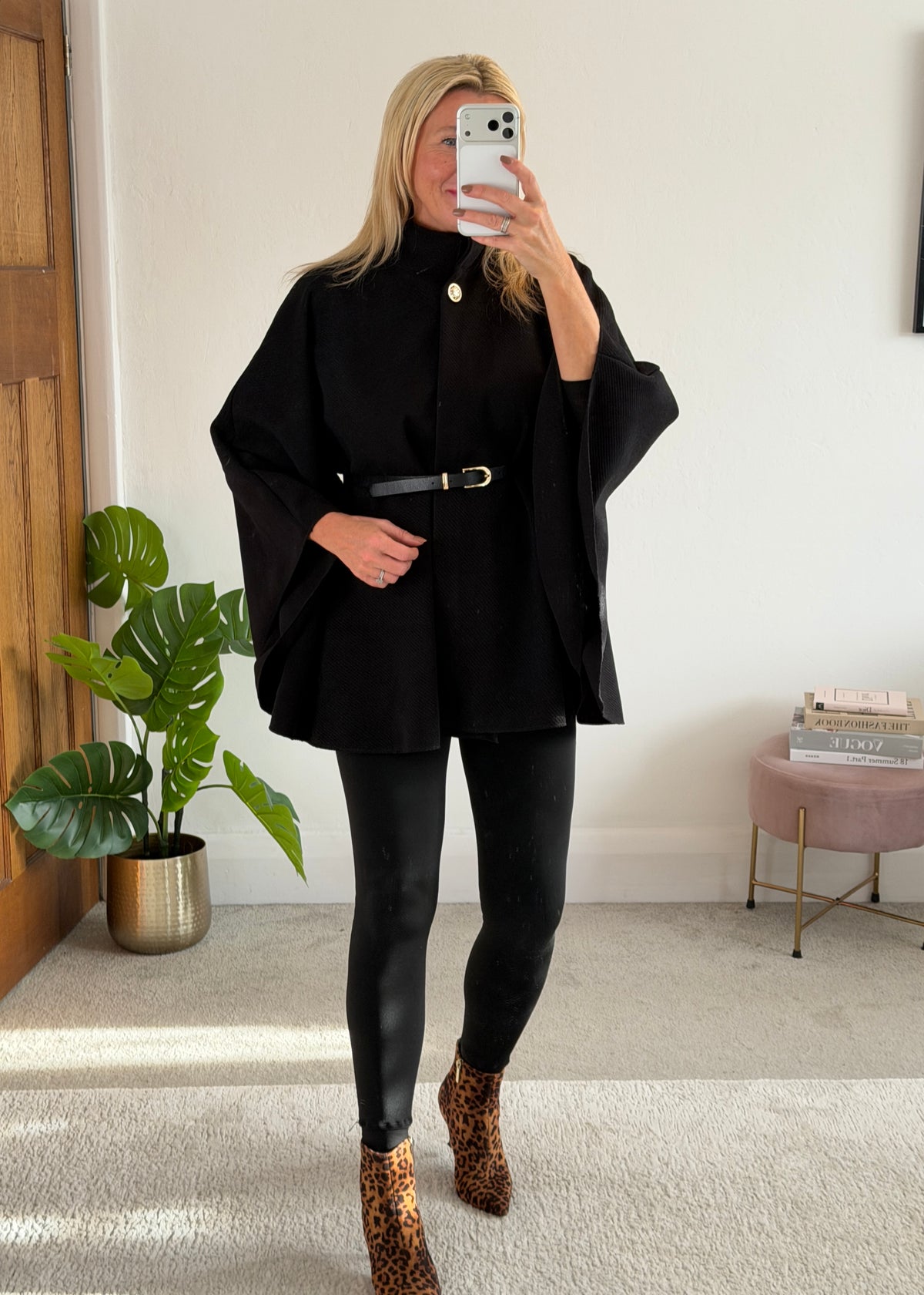 Black Funnel Neck Belted Cape Jacket