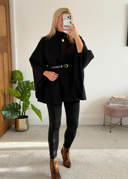 Black Funnel Neck Belted Cape Jacket
