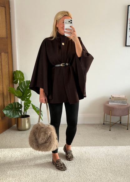 Chocolate Funnel Neck Belted Cape Jacket