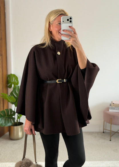 Chocolate Funnel Neck Belted Cape Jacket