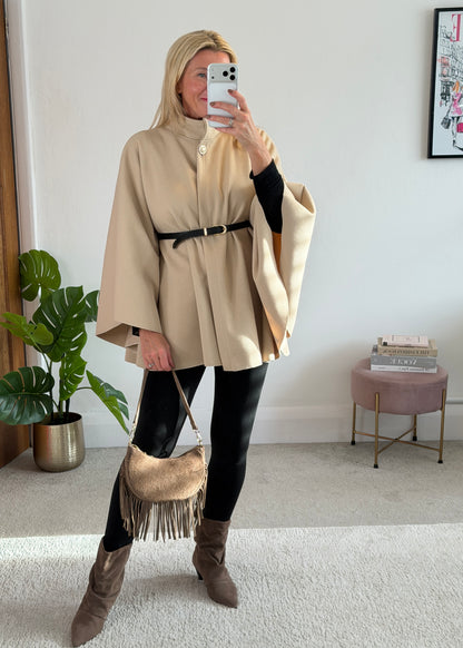 Biscuit Funnel Neck Belted Cape Jacket