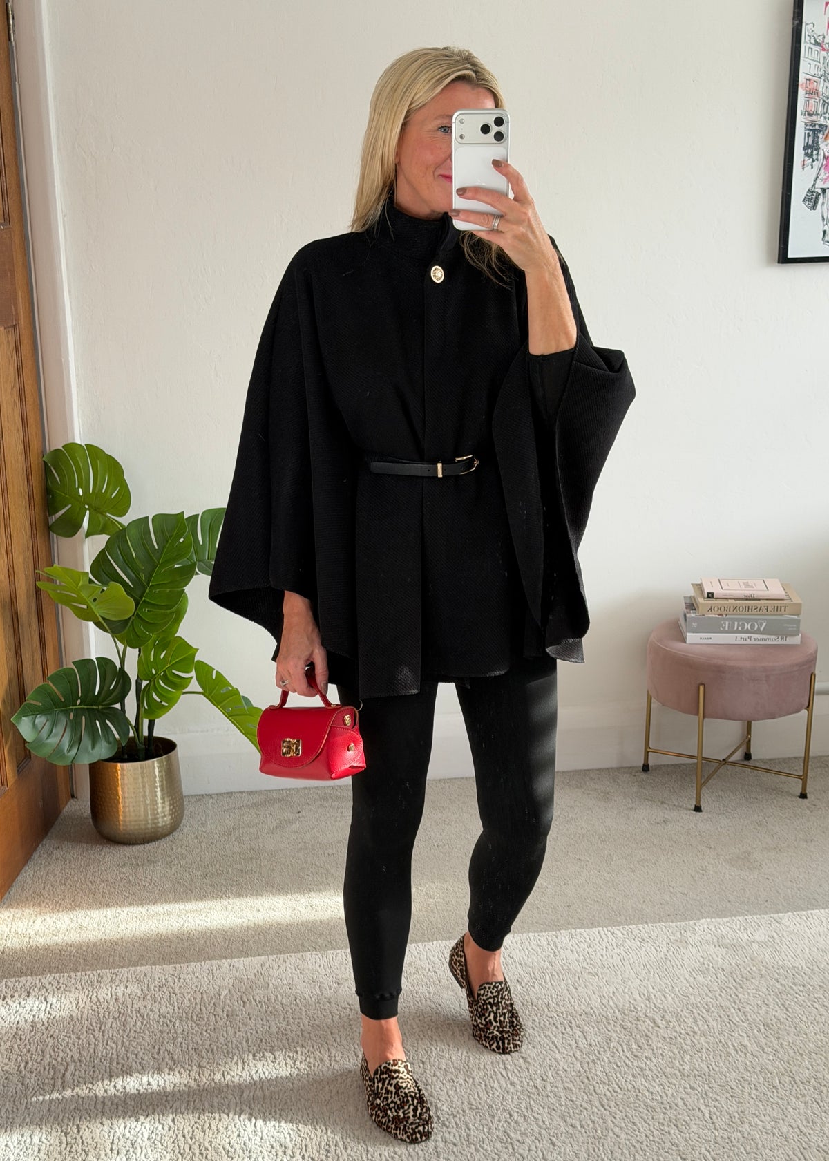 Black Funnel Neck Belted Cape Jacket