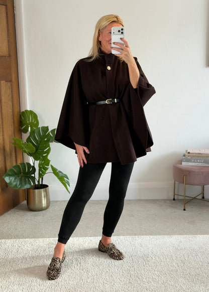 Chocolate Funnel Neck Belted Cape Jacket