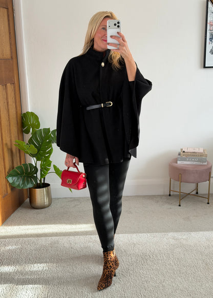 Black Funnel Neck Belted Cape Jacket