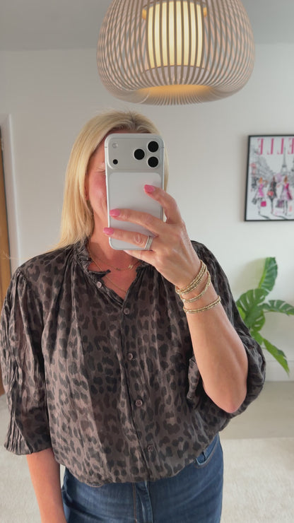 Chocolate Leopard 3/4 Puff Sleeve Blouse