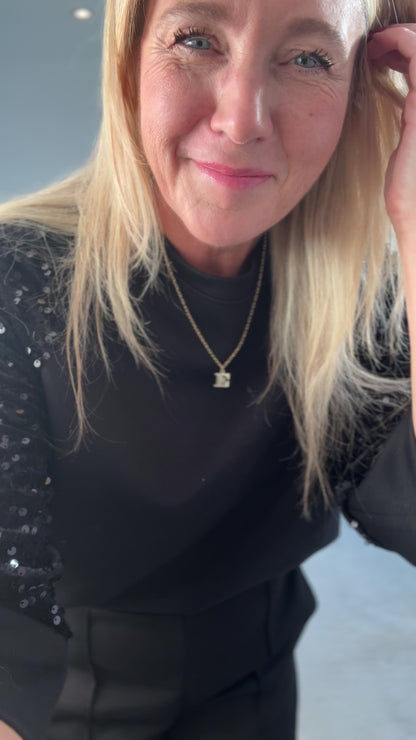 Black Sequin Sleeve Soft Top