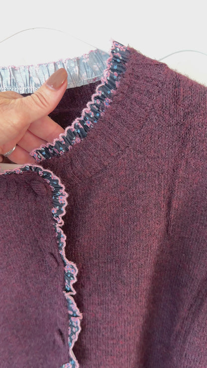 Plum/Pink Floral Frill Trim Cardigan