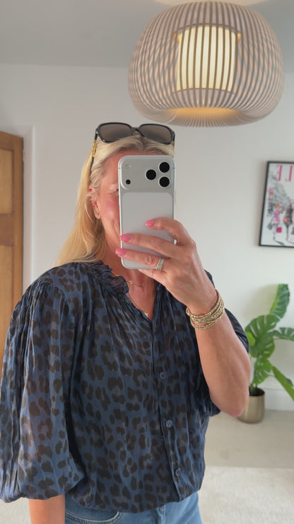 Navy Leopard 3/4 Puff Sleeve Blouse