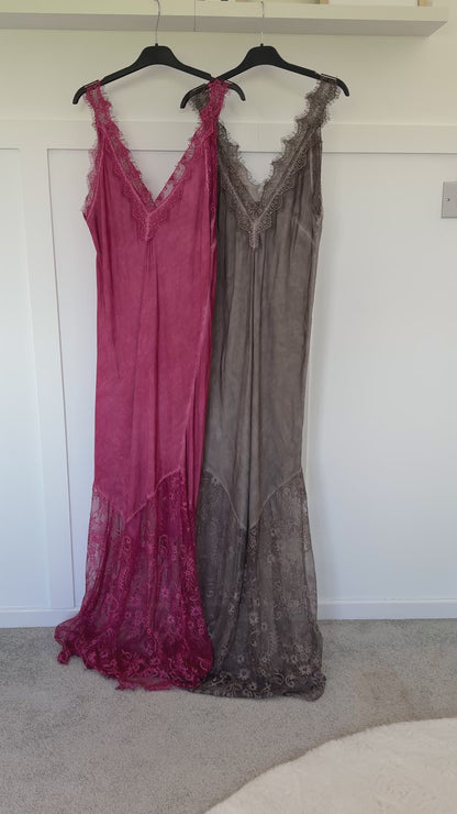 Mocha Satin Lace V-Neck Maxi Slip Dress