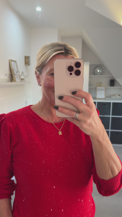 Red Sequin Puff Shoulder Jumper