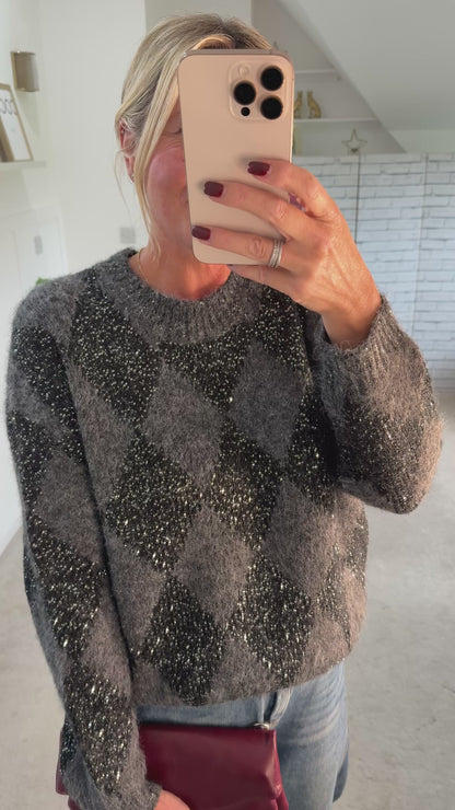 Grey Sequin Argyle Diamond Knit Jumper
