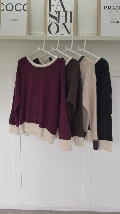 Chocolate/Cream Contrast Bow Back Jumper