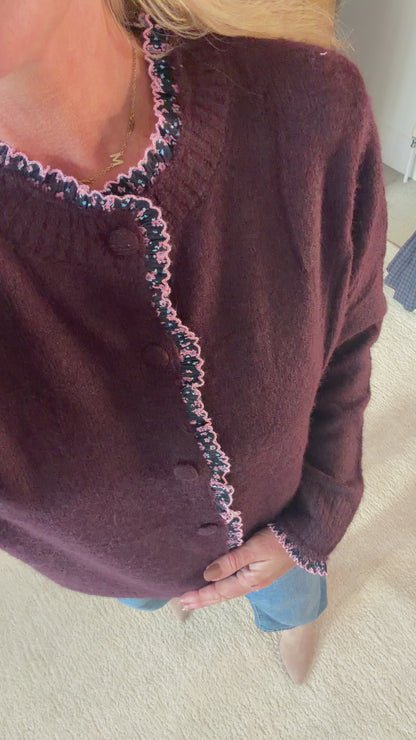 Plum/Pink Floral Frill Trim Cardigan