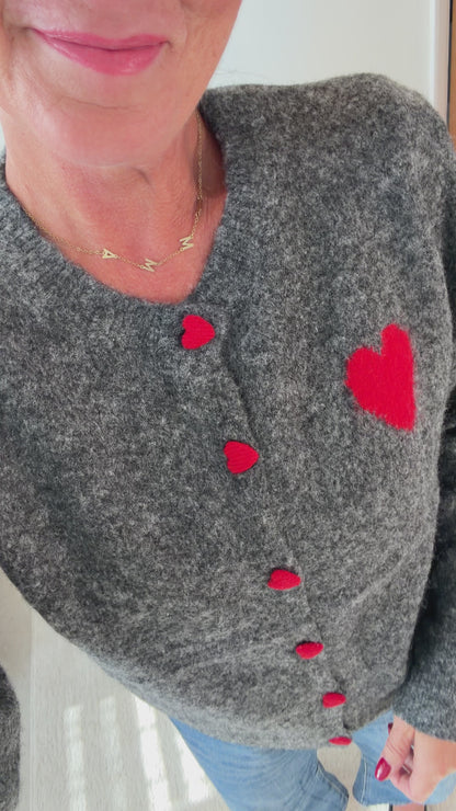 Grey/Red ❤️ Heart Button Cardigan