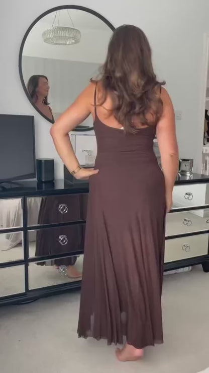 Chocolate Strappy Mesh Maxi Dress