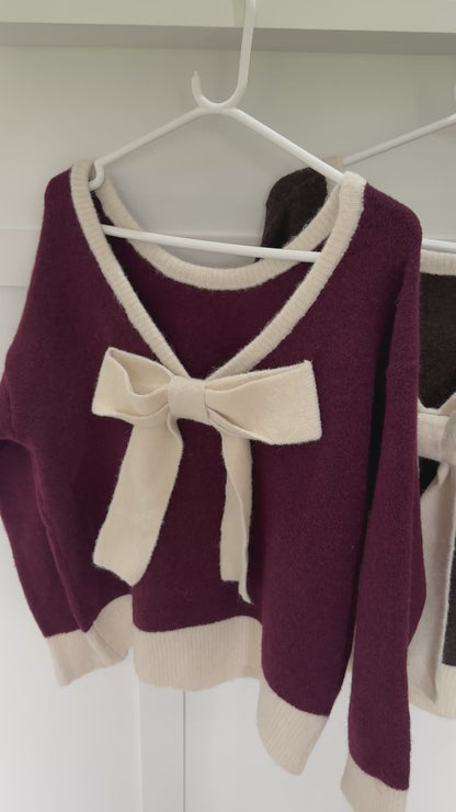 Chocolate/Cream Contrast Bow Back Jumper