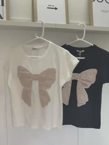 Black Crochet Bow T Shirt