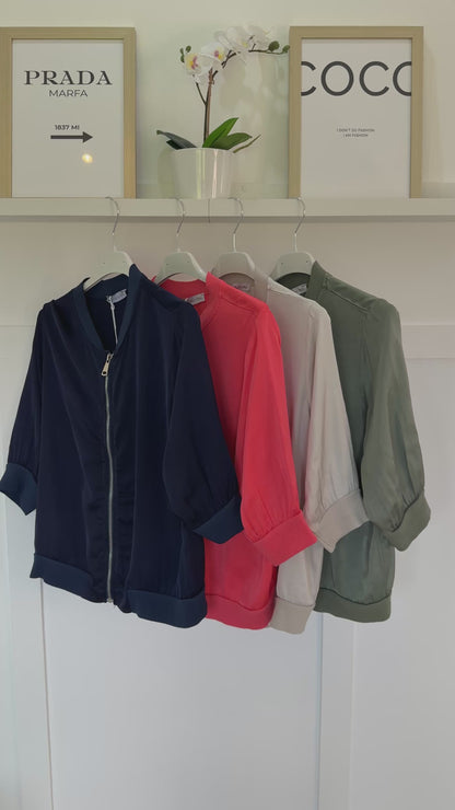 Khaki Silk Mix 1/2 Sleeve Bomber Jacket