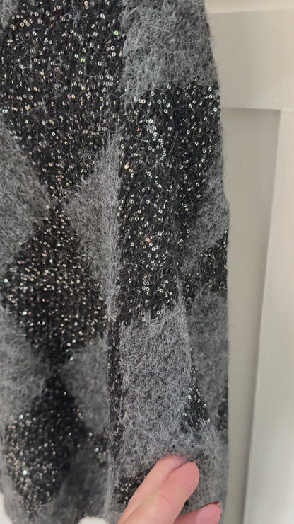 Grey Sequin Argyle Diamond Knit Jumper